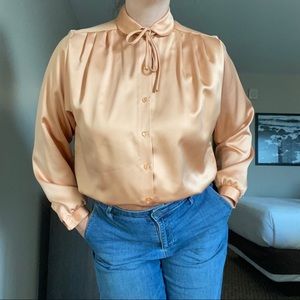Vintage shiny peach collared blouse with neck tie